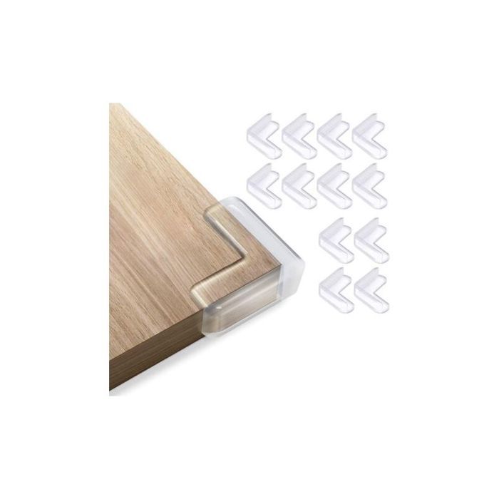 Lot de 12 protections dangles adhésives en silicone souple transparentes sécurisent meubles et tables pour enfants.