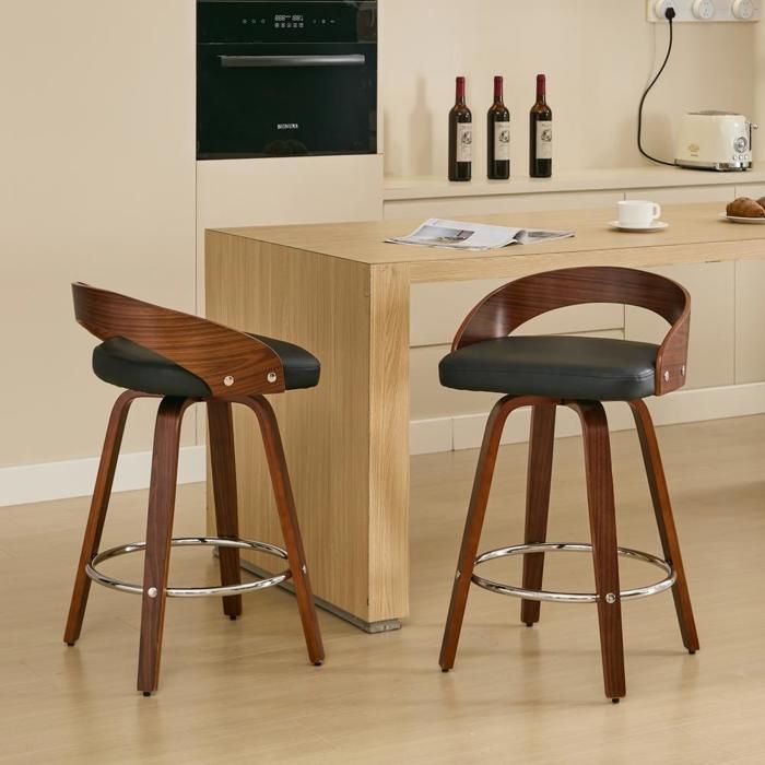 Tabouret de bar - KOMHTOM - KOMHTOM - Similicuir noir - Dossier bas pivotant - Pieds bois 63 cm Tabouret de bar - KOMHTOM - KOMHTOM - Similicuir noir - Dossier bas pivotant - Pieds bois 63 cm