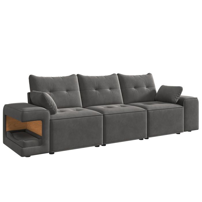 Canapé style nuage 3 places gris accoudoirs larges modulable rangement intégré espace animal rembourré 2 coussins