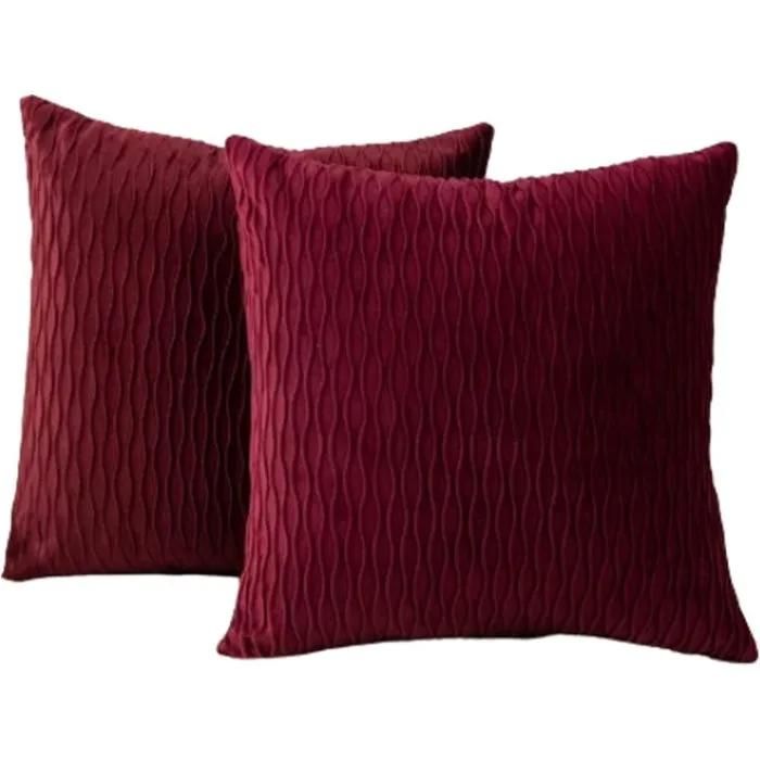 Lot de 2 Housses de Coussin Rayées 45x45 cm Velours Bordeaux Fermeture Éclair Invisible Canapé Chambre