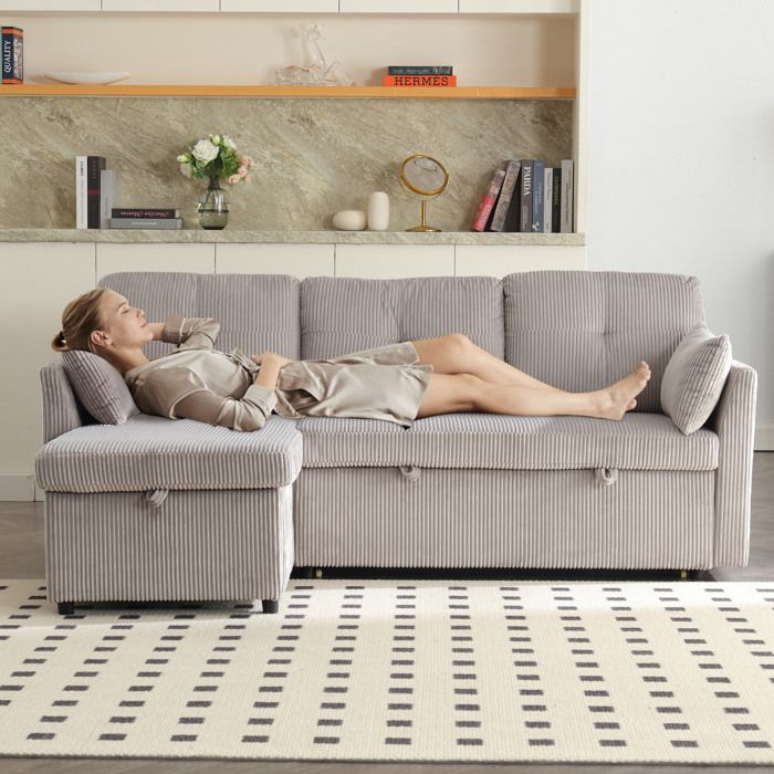 Canapé dangle convertible 3 places gris clair méridienne réversible rangement tissu côtelé