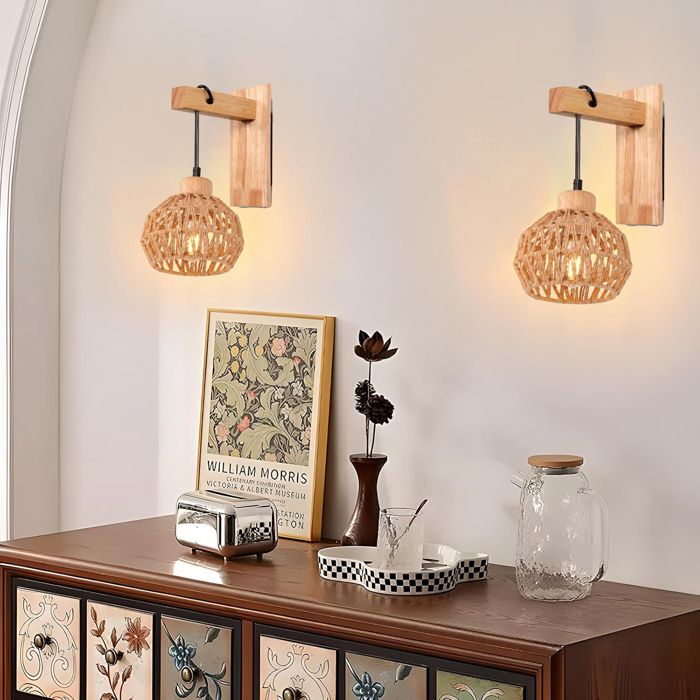ElektraH 2pcs Lampe Murale Intérieur Vintage en Cage Rotin Rétro Applique Murale Industriel en Bois E27 Luminaire Murale Réglable