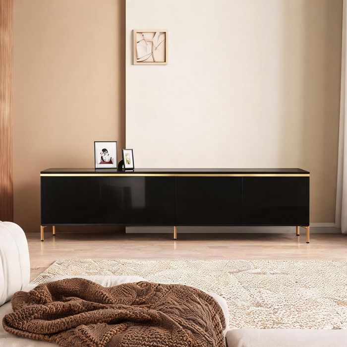 Meuble TV en panneau de particules laqué noir 4 portes et passages de câbles style moderne doré L 170 cm