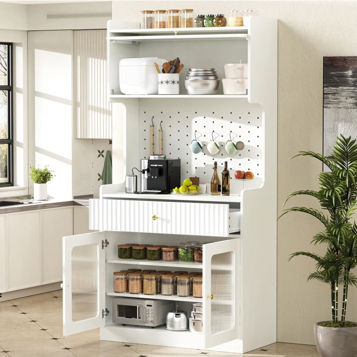 Buffet de cuisine 80×40×180 cm tiroir étagères réglables LED et porte relevable - TCQPZ - Blanc pour cuisine