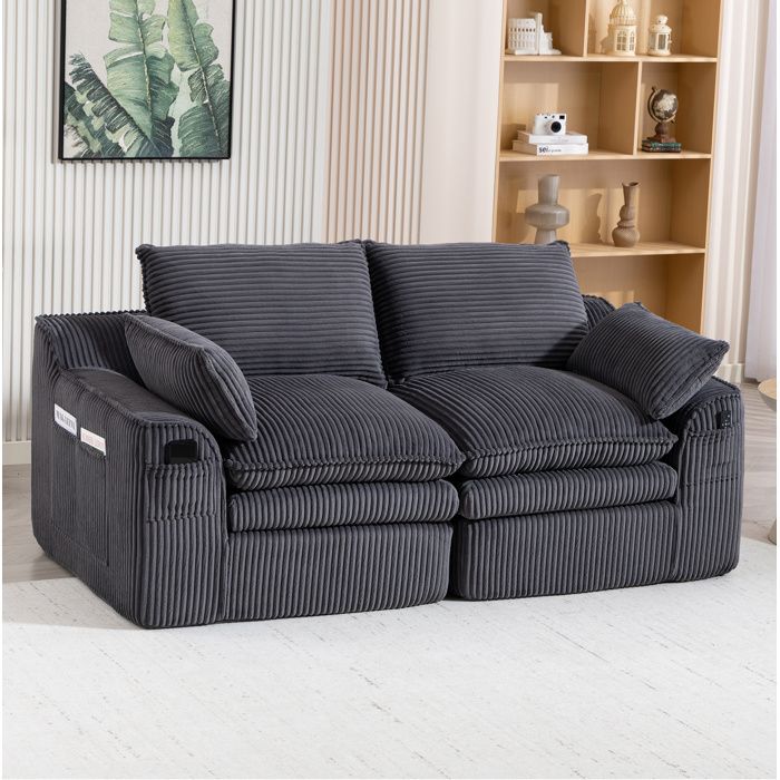 Canapé Droit 2 Places avec Poches Latérales et Coussins Inclus - BEAUNIV - Mousse 3 Couches Velours Côtelé Gris Foncé