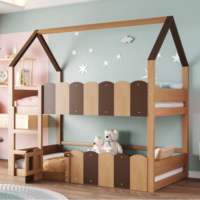 Lit Superposé Enfant Design Maison avec Barrières et Sommier à Lattes - TCQPZ - en Bois Naturel 90 × 200 cm
