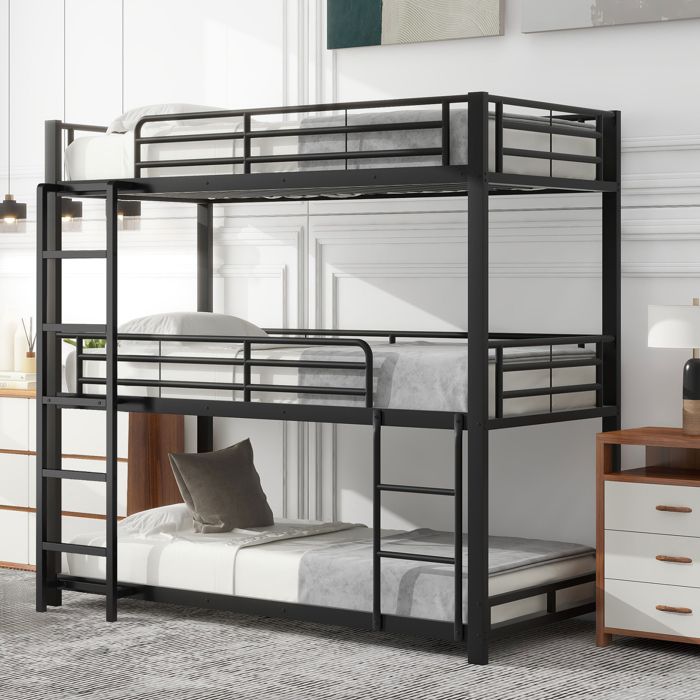 Lit superposé triple 90x200 cm en métal noir 3 couchages barrières de sécurité EN747 sans matelas