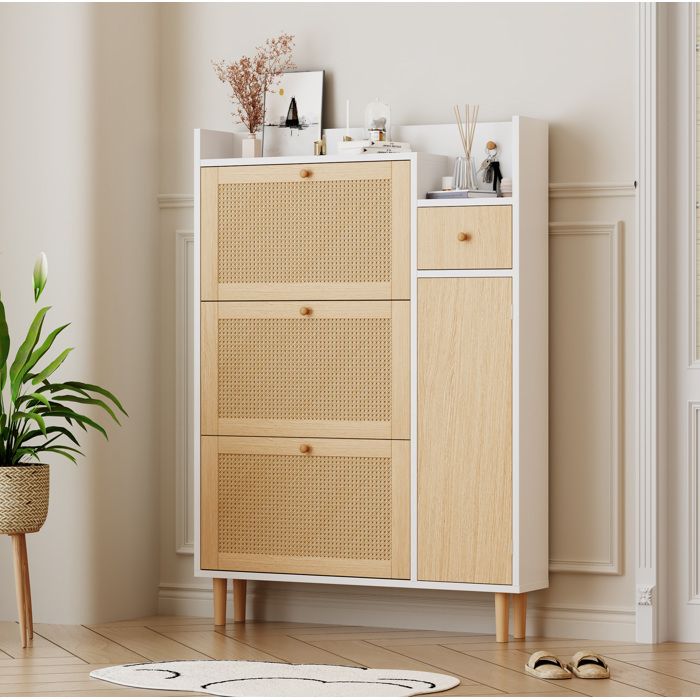 Meuble à chaussures gain de place 90x17x125 cm 3 abattants 1 tiroir 1 porte latérale MDF blanc et bois ORVRYN