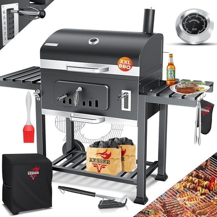 Barbecue Au Charbon De Bois Xxl Couvercle Roues Poignée En Acier Inoxydable Thermomètre Grille Couvercle Pinceau En Silico