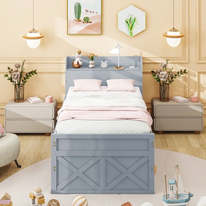 Lit simple - PAGE LIVING - Pin massif 90x190 cm - sommier à lattes - 2 tiroirs - table de chevet USB