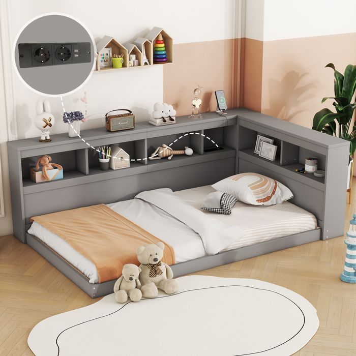 Lit de jour 90x200 cm gris avec prise 2 USB étagères sommier inclus sans matelas