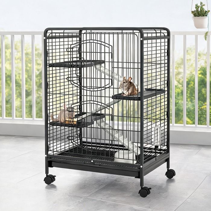 Cage à étages sur roulettes pour rongeurs structure en acier noir 3 rampes plateau et bouteille deau inclus 61 5x44x95 cm
