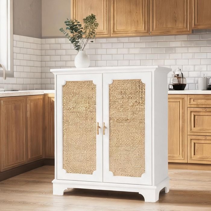 Meuble de rangement en panneaux de particules soft white avec portes en rotin 80x38x86 cm style bohème