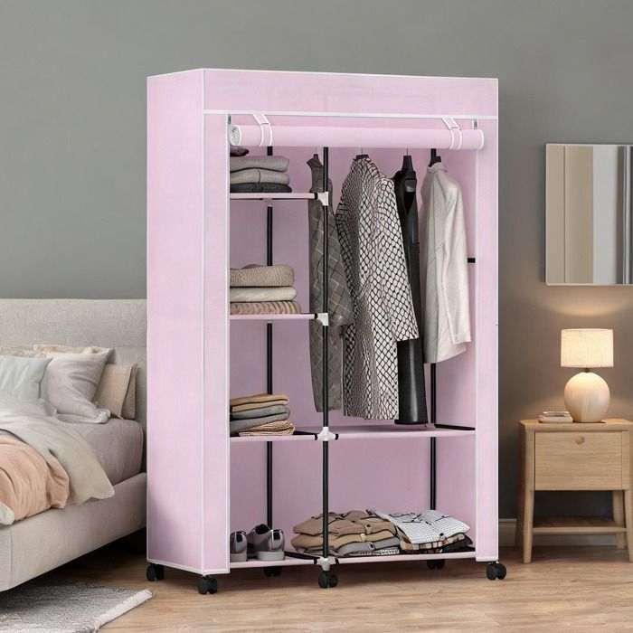 Penderie en tissu avec tringle et étagères 6 roulettes finition rose 103x43x162 5 cm