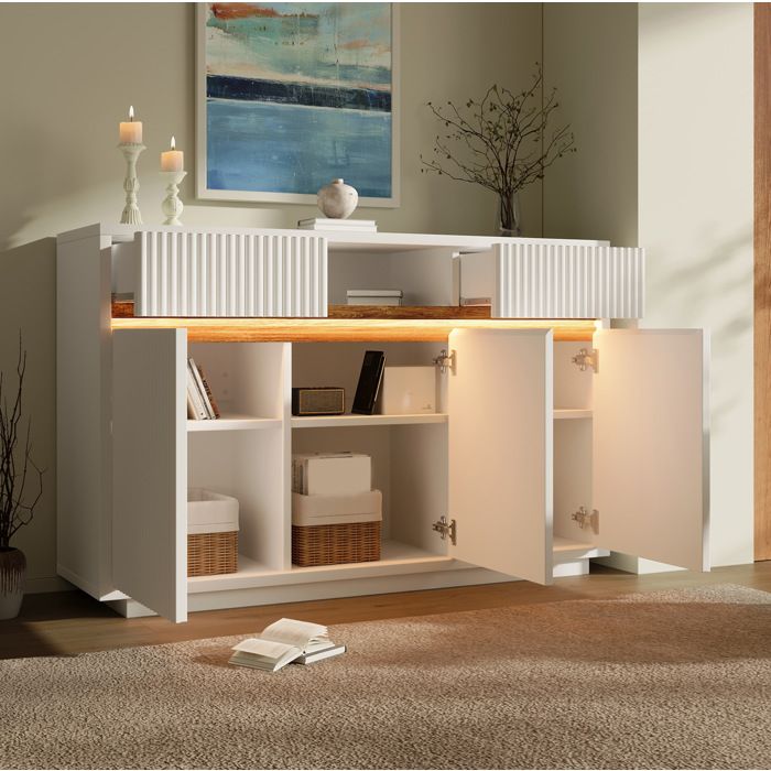 Buffet bas LED – meuble de rangement blanc 140 x 40 x 85 cm 2 tiroirs 3 portes