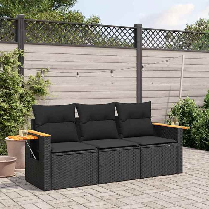 Noir Salon de jardin 3 pcs avec coussins noir résine tressée - Meuble de balcon LV55043