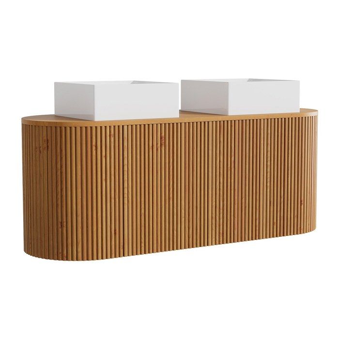 Meuble de salle de bain suspendu en teck avec double vasque à poser carrée - Naturel clair - 150 cm - TOWARI