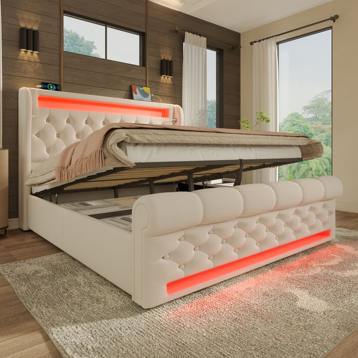 Lit capitonné double - MINIMAL - 160x200 beige velours LED tête rangement USB-C hydraulique Lit capitonné double - MINIMAL - 160x200 beige velours LED tête rangement USB-C hydraulique