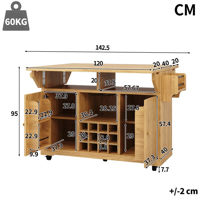 Îlot central - ZEVKOR - Extensible - Hauteur 95 cm - 2 portes & étagères réglables - Porte-bouteilles roulettes