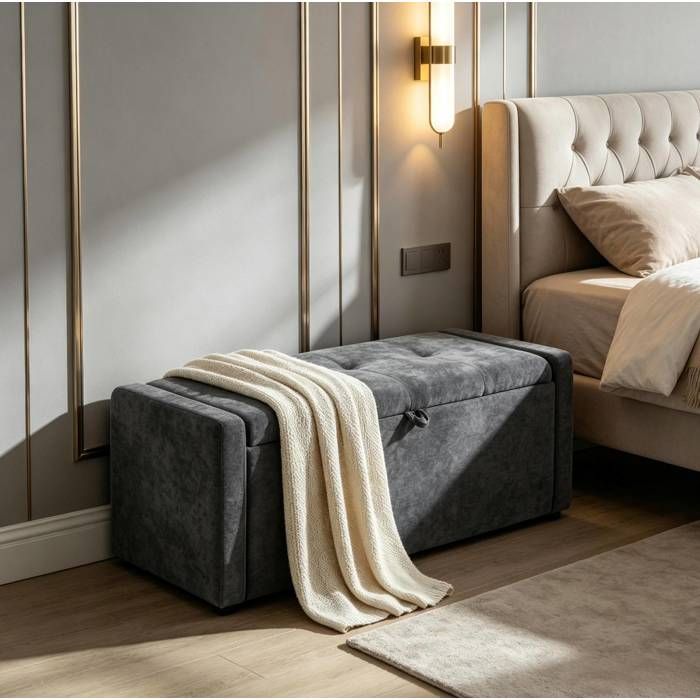 Banc de rangement bout de lit 122 x 48 x 44 cm avec coffre caché assise capitonnée tissu gris foncé 200 kg ORVRYN