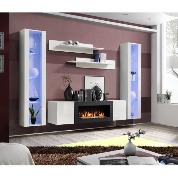 ensemble mural - ac-déco - fly m - 1 meuble tv - 2 vitrines verticales led - blanc - verre