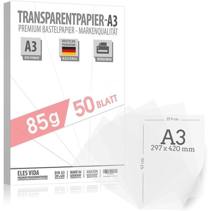 Papier Calque Blanc Transparent DIN A3 - 85g/m² - Imprimable Et Idéal Pour Bricolage - Fabriqué En Allemagne