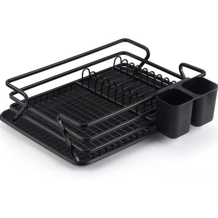 Égouttoir à Vaisselle 2 Niveaux En Aluminium Noir Avec Porte-Ustensiles - Dimensions 53,3x30,5x31,8 Cm - Égouttage Incliné Et Bec Verseur