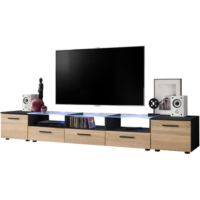 Extreme Furniture Meuble TV Long LED bleues Sonoma Mat & Noir