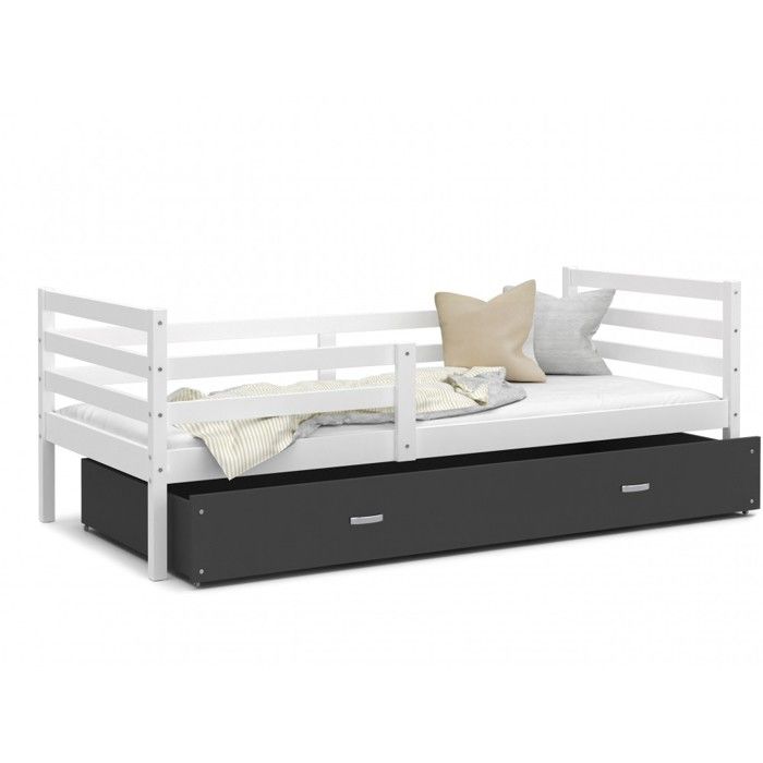 Lit enfant milo 90x190 blanc - gris livr&eacute; avec sommiers, tiroir et matelas en mousse de 7cm