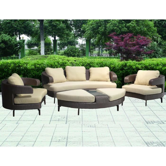 Grand salon de jardin en résine tressée 6 personnes marron et blanc PANEMA main image 1