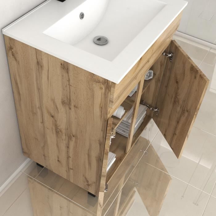 Meubles de salle de bains 60 cm Chêne industriel - Portes ou Tiroirs + vasques céramique blanche