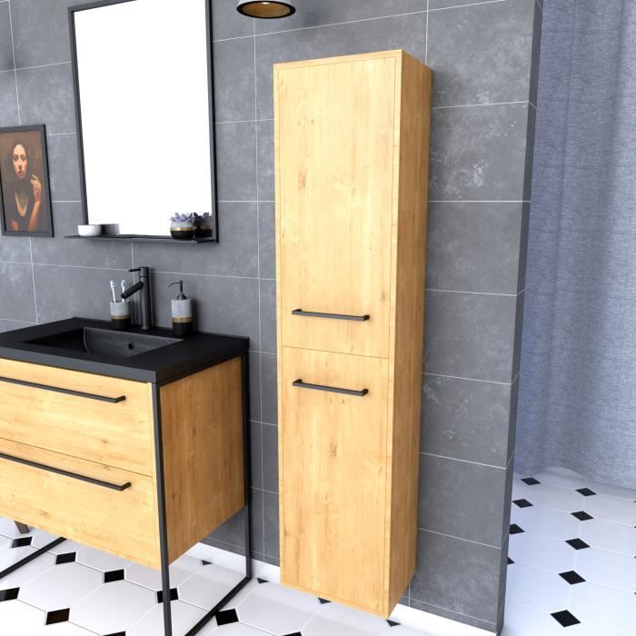 colonne de salle de bain chêne brun 30x35x150 cm avec 2 portes chêne brun et poignées noir mat - structura p103