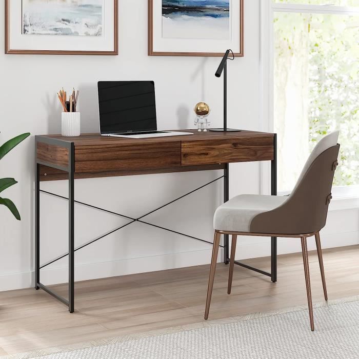 giantex bureau informatique avec 2 tiroirs en bois,cadre en fer,pieds réglables,bureau/table d'ordinateur pour étude,112x48x76cm