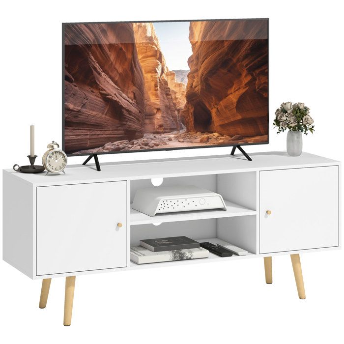 Meuble tv banc tv - HOMCOM - support télé jusquà 55 pouces 2 placards 2 étagères ouvertes moderne salon - bois - 120cm - blanc Meuble tv banc tv - HOMCOM - support télé jusquà 55 pouces 2 placards 2 étagères ouvertes moderne salon - bois - 120cm - blanc