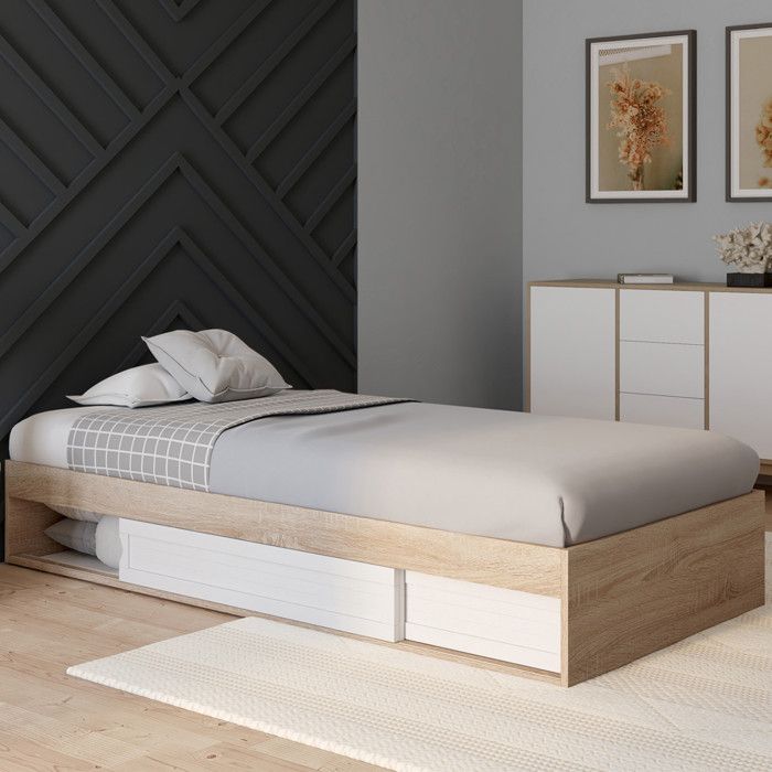 IDMARKET Cadre de lit simple SALEM avec rangement et sommier 90 x 190 CM façon hêtre et blanc