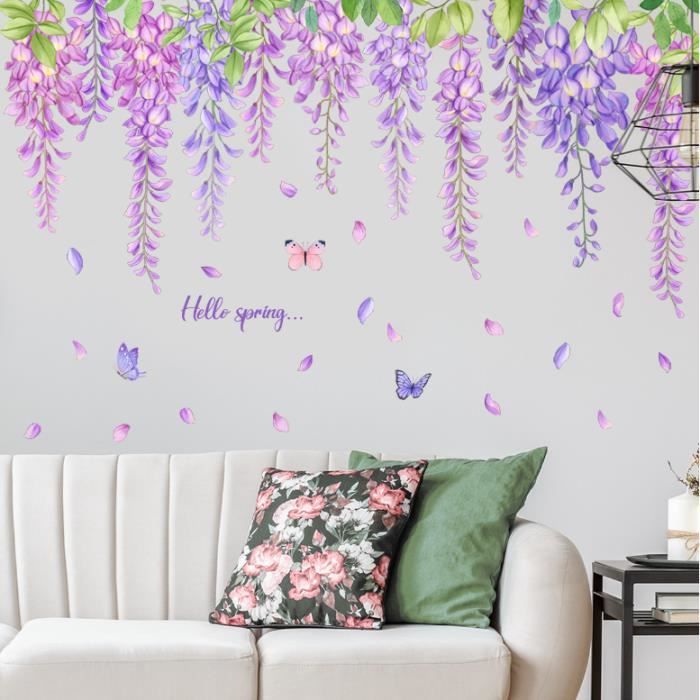 Stickers Muraux Grand Format Fleurs Glycine Dorée - Autocollant Vinyle Amovible Pour Déco Chambre, Salon