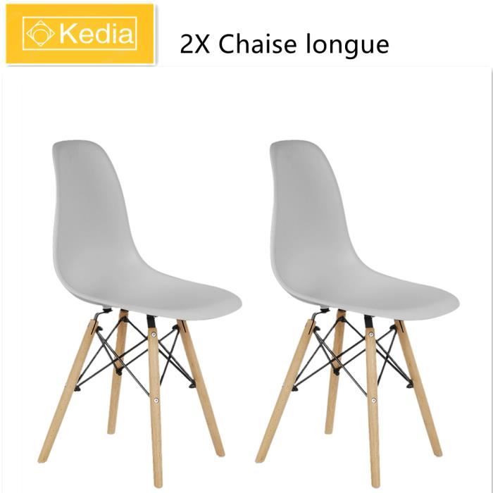 KEDIA. Lot de 2 chaises de salon avec plateau de tabouret en PP, pieds en fil de fer et en bois, gris clair