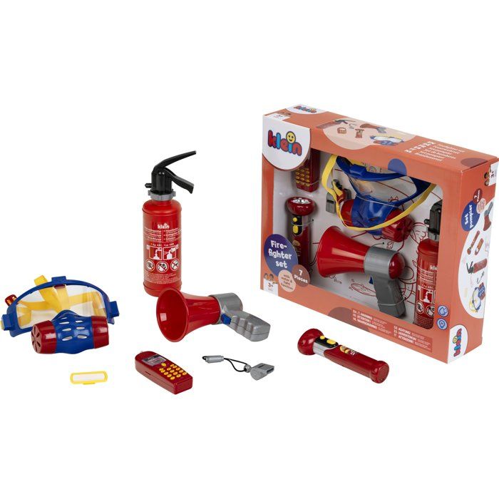 DeAO Set Costume Pompier Enfant 14 Accessoires - Déguisement Avec Extincteur Et Sac Rangement
