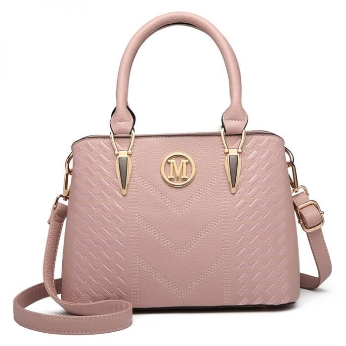 Sac à main - MISS LULU - Galet - Simili cuir - Bandoulière - Rose avec logo M