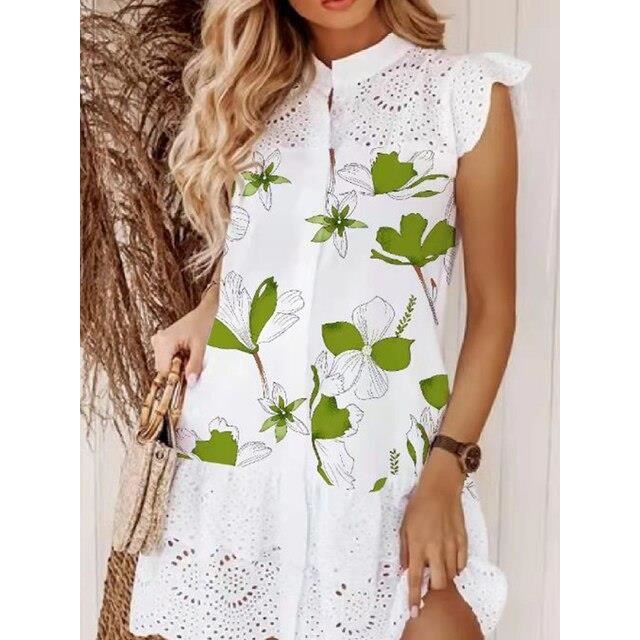 Robe de soir?�e en dentelle brod?�e pour femmes r?�tro imprim?� col rond boutons ?� volants tenue de 