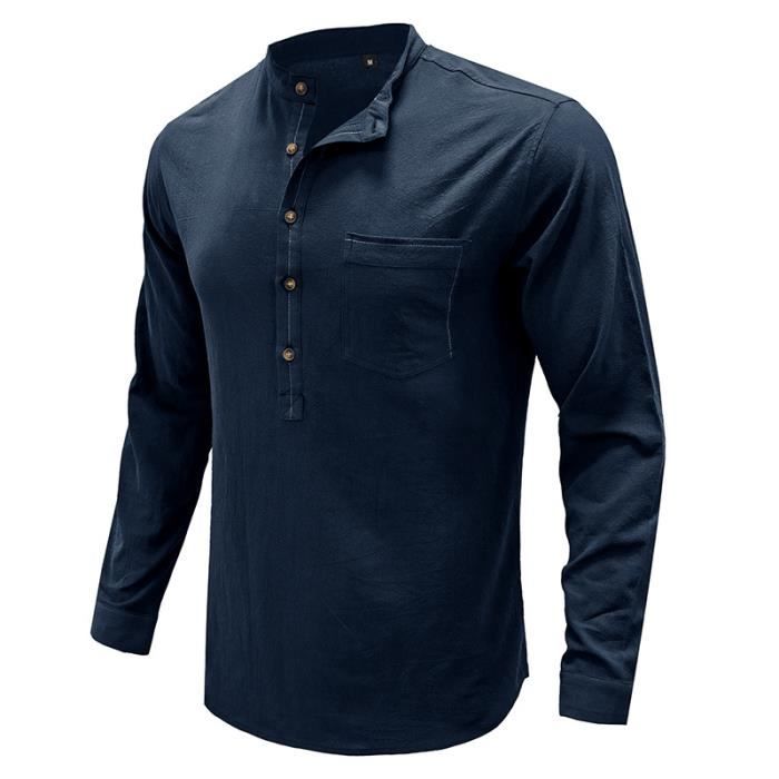 Chemise Homme Style Chinois - Col Montant - Manches Longues - Coupe Slim - 70% Polyester, 30% Spandex - Neuf