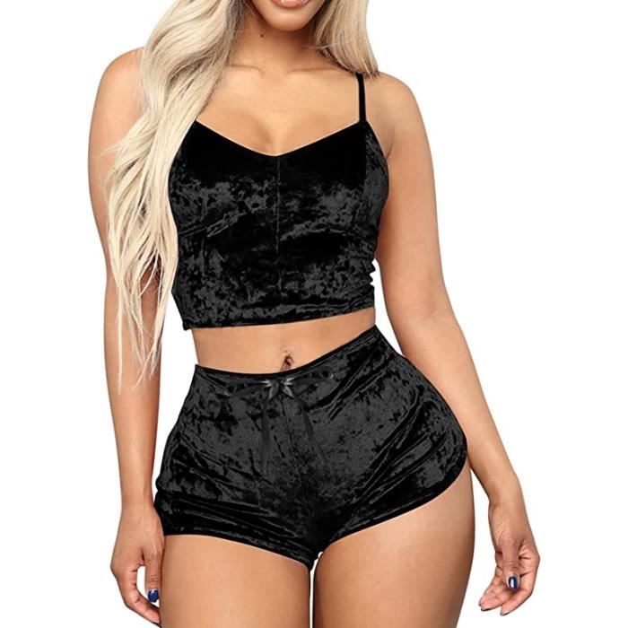 Ensemble de Pyjama Sexy en Velours 2 Pieces Debardeur a Bretelles Spaghetti et Short Taille Haute Noir Femme