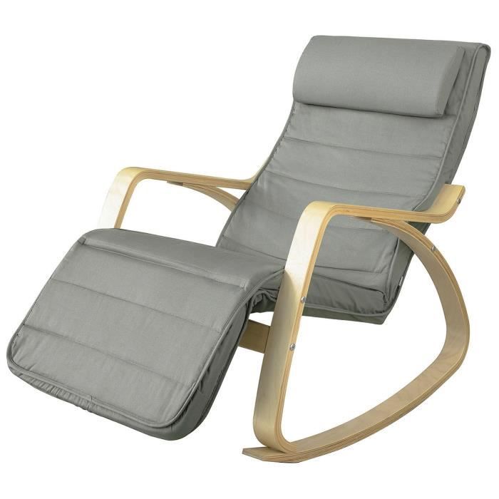 SoBuy® FST16-DG Fauteuil à Bascule avec Repose-Pied Réglable Design Rocking Chair Fauteuil Relax Bouleau Flexible (Gris)