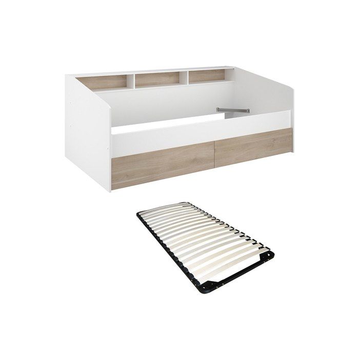 Lit 90 x 190/200 cm avec rangements - Blanc et naturel + Sommier - PAULETTE