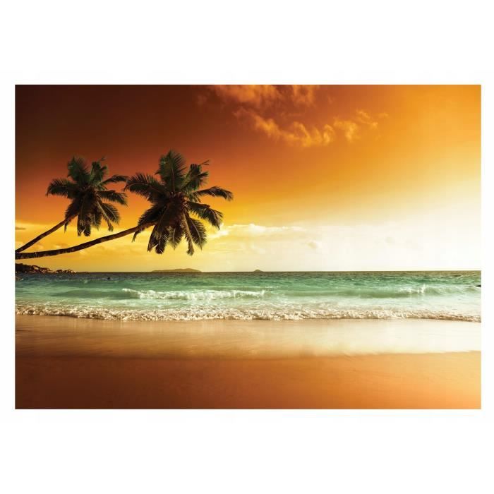 Papier Peint Intissé Plage Nuit Mer 254x184 Cm Lune Palmiers Tropical