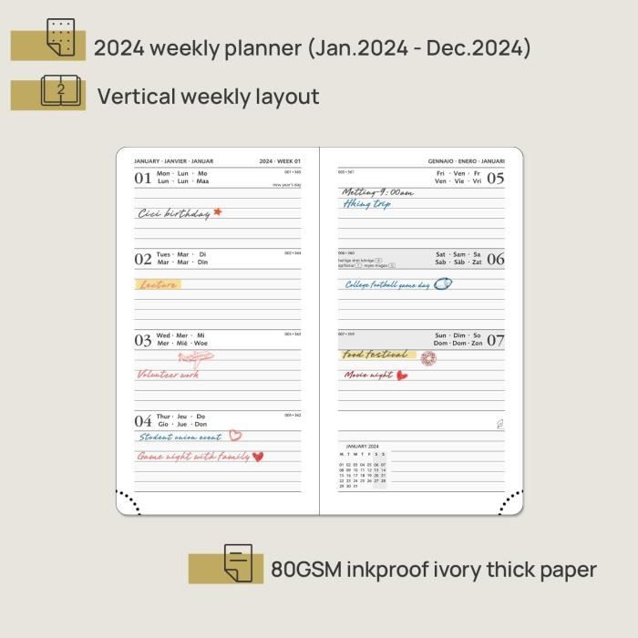 POPRUN Agenda de Poche 2024 16,5 x 9 cm - Petit Planner Semainier 12 Mois De