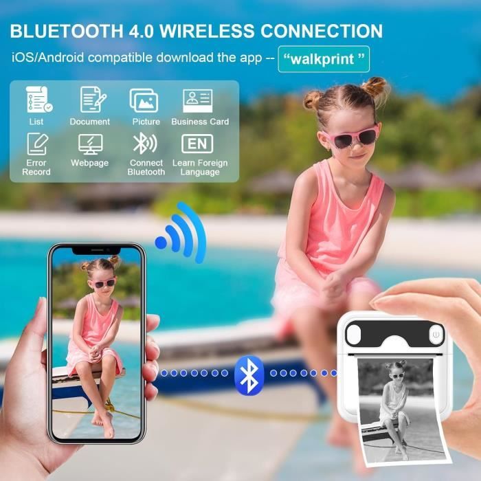 GuKKK Mini Imprimante Photo Portable Bluetooth – Impression Thermique Sans Encre Pour Photos, Étiquettes, Notes & Mémos