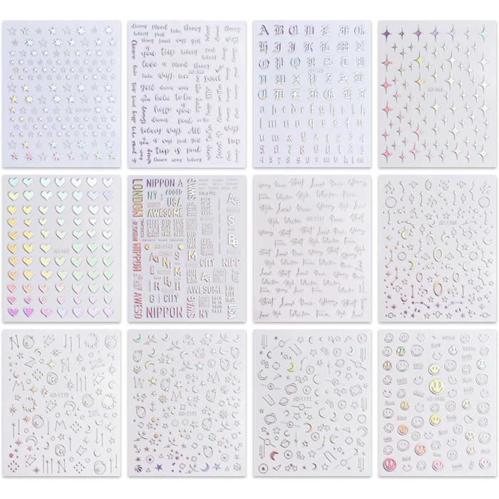 Set De 12 Grilles Autocollantes Holographiques Pour Ongles - Décalques 3D Pailletés