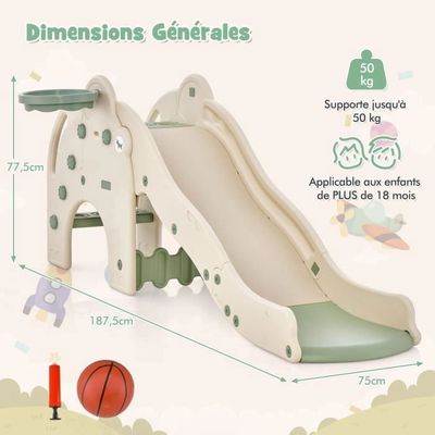 Toboggan 4 En 1 Pliable Enfant 18 Mois+ – Balançoire Réglable 3 Hauteurs, Escalade, Panier Basket – Aire De Jeux Intérieur Extérieur 30 Kg