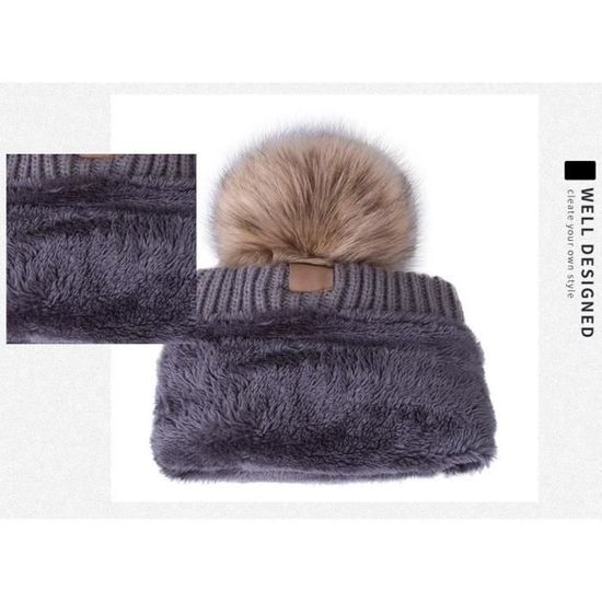 Femme Bonnet Tricot Doublé Polaire Fourrure Pompon Fourrure